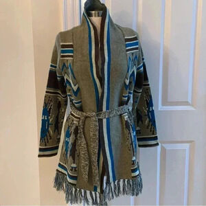 I LOVE H81 Cardigan Sweater Open Front Fringe Tribal Print Brown Blue Size Small